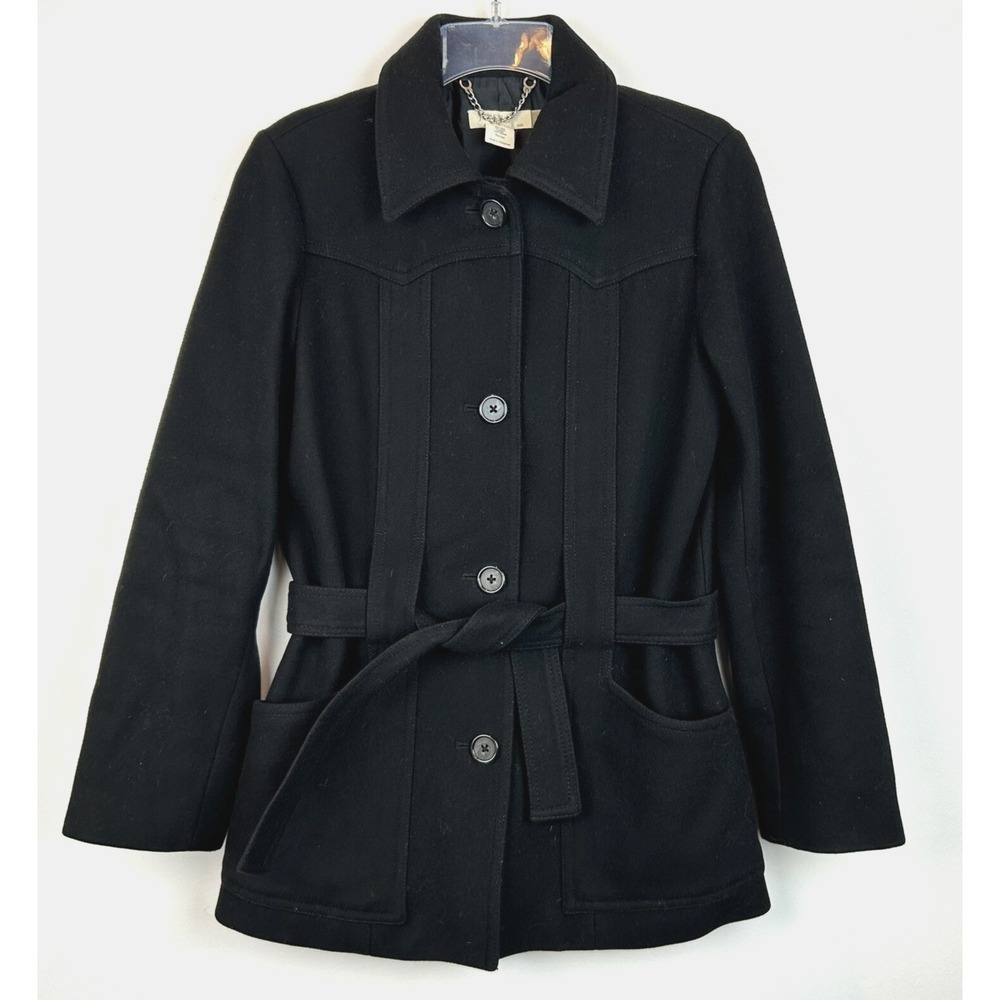 J Crew Pea Coat Womans XS Black Wool Blend Preppy Belt Quiet Luxury Old Money